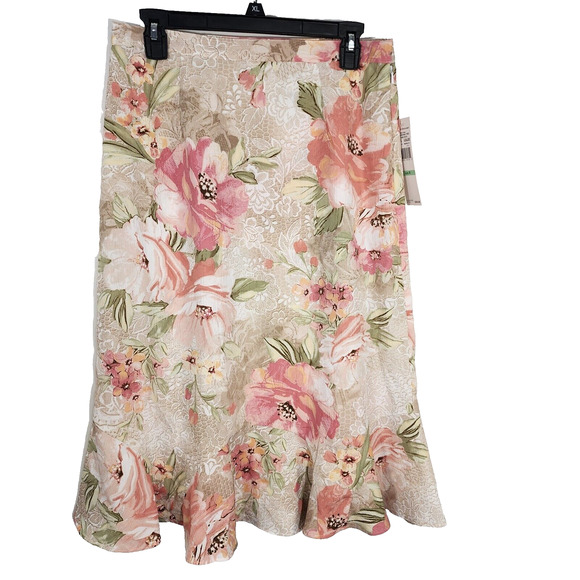 Alfred Dunner Womens Midi Skirt Size 8 Gauzy Pink Tan Floral Ruffled A Line Zip - Picture 1 of 9